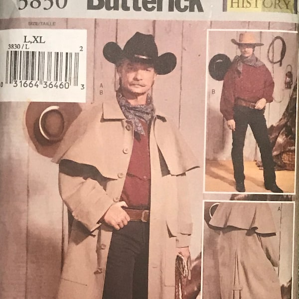 Butterick 3830 Western Duster Coat and Button Panel Shirt Old West Country Cowboy UNCUT Sewing Pattern Chest/Bust 30 in - 40 in