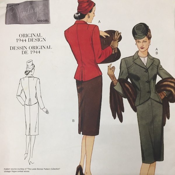 Vogue V2885 1940s Vintage Reproduction Skirt Suit Button-up jacket w/ shoulder pads UNCUT FF sewing pattern bust 30 1/2 in - 32 1/2 in 2885