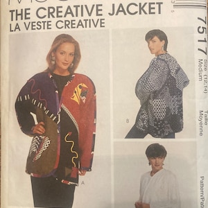 May include: McCall's sewing pattern for "The Creative Jacket." The pattern features three jacket designs with various color block and patchwork styles. The pattern includes sizes medium (12-14).
