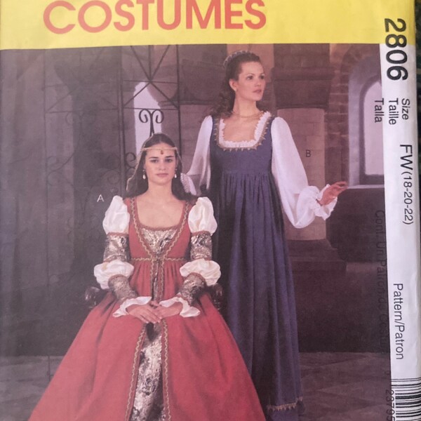 McCall's 2806 Vintage 2000s Renaissance Faire Costumes Empire Waist Dress Veil Puff Sleeve Hat sewing pattern cut to size 22, bust 40-44 in