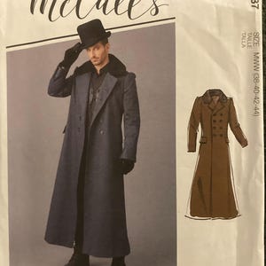 May include: A sewing pattern for a long, double-breasted coat with a high collar. The pattern is for sizes M, L, XL (38-40-42-44). The pattern is from McCall's and the pattern number is M8137.