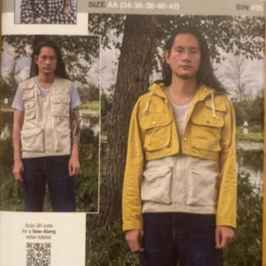 May include: A sewing pattern package featuring a person modeling a yellow and cream-colored jacket and vest. The package includes the text "DONNY Q knowME" and size information. A QR code for a video tutorial is also visible.
