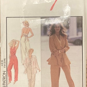 May include: A vintage sewing pattern for a women's jumpsuit and a jacket. The pattern is for sizes 6-18 and includes instructions for making both garments. The pattern is from the 1980s and features a retro style.