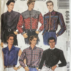 May include: McCall's sewing pattern 6569 featuring various men's shirt designs. The shirts include patterns with paisley, plaid, and geometric designs. The size is medium (38-40).