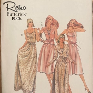 May include: A vintage sewing pattern for a dress with three different styles. The pattern is from Butterick and is for sizes 16-18-20-22-24. The pattern is called "Retro Butterick 1980s".