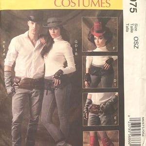 May include: A sewing pattern for a steampunk-inspired costume. The pattern includes instructions for a top hat, a long-sleeved shirt, pants, and gloves. The pattern is for size OSZ. The pattern is from McCall's Costumes.