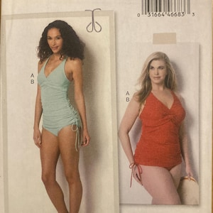 Butterick B6360 2010s Plus Size Swimsuit Tankini Ruched One Piece Bikini Bottoms V Neck UNCUT FF sewing pattern bust 40 - 46 in Lisette 6360