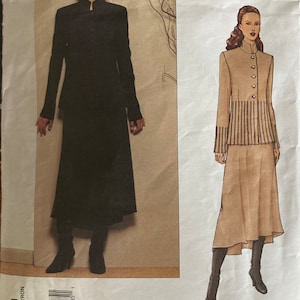 May include: A sewing pattern for a jacket and skirt. The pattern is for a black jacket with a mandarin collar and a brown skirt with pleats. The pattern is from Vogue Patterns and is designed by DKNY.