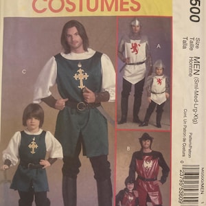 May include: McCall's Costumes pattern M5500 featuring medieval knight and noble costumes. The image shows adult and child versions of the costumes, including tunics, tabards, and armor. The costumes are in various colors, including green, red, and silver.