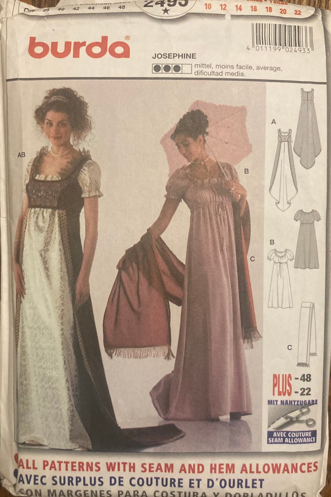 Burda 2493 Empire Waist Gown and Shawl Josephine Costume Circa 1804 ...