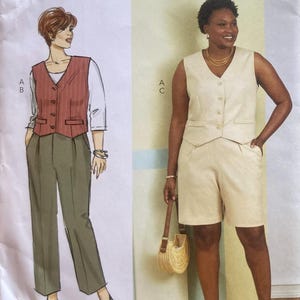 May include: Butterick sewing pattern B6902 featuring two women's fashion designs. One design includes a vest and pants, the other a vest and shorts. The pattern includes the text "lisette" and size information.