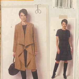 May include: A sewing pattern package featuring two women's fashion designs. The package includes a tan coat with a unique draped collar and a black dress. The package is labeled "lisette B6244" and "Butterick".