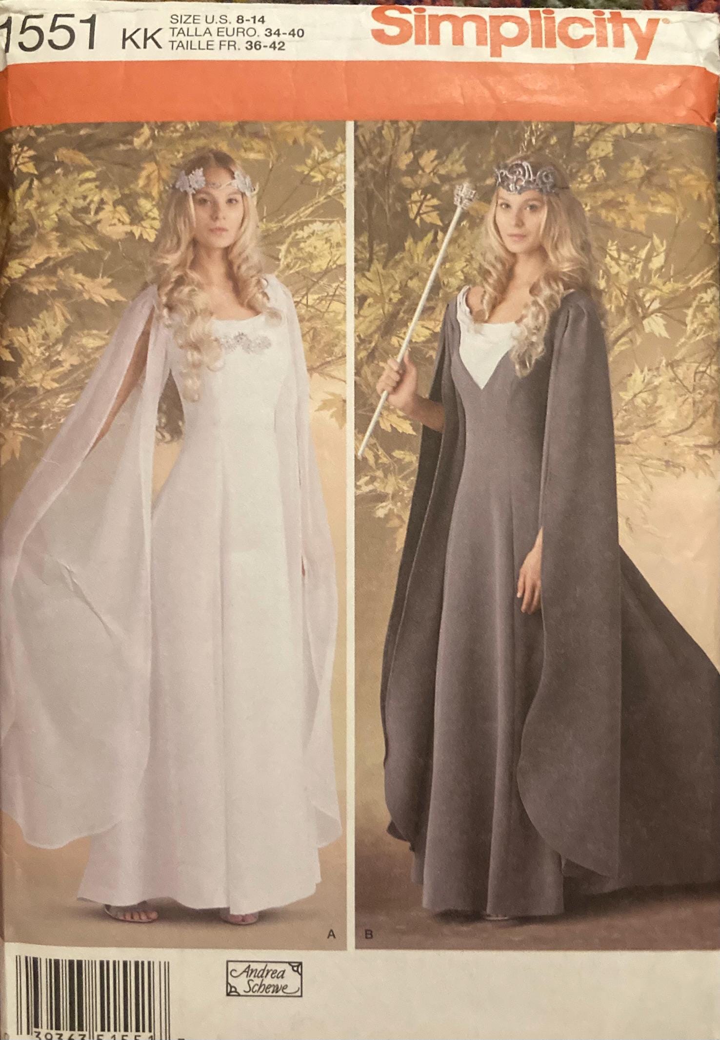 Simplicity 1551 2010s Costume Dress Renaissance Fair Flowy Dress Cape Sleeves Floor Length UNCUT FF sewing pattern bust 31 1/2 in - 36 in