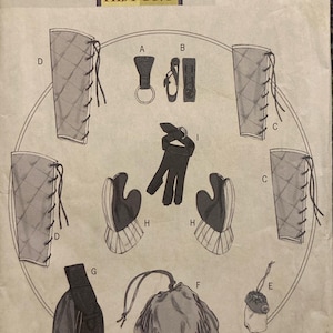 May include: A sewing pattern for making historical clothing, including arm guards, gloves, and pouches. The pattern is from Butterick and has the number B5733/OSZ.