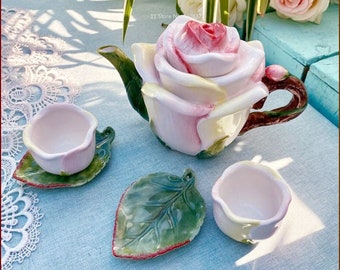 Ceramic Rose Teapot Set, Tea Party Tea Set, Ceramic Tea Set, Afternoon Tea Set, Vintage Tea Set, Pink Rose Tea Set, Bridal Shower