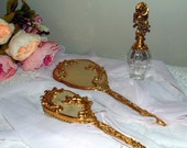 Victorian 24k Gold Plated Hand Mirror w Matching Brush and a Complimenting 7 quot Matson Perfume Bottle w Dauber VERY NICE CONDITION