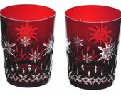 WATERFORD Lismore Pair of Double Old Fashioned Glasses Ruby Red Cut to Clear Crystal Snowflake Wishes 1st Edition FREE SHIPPING