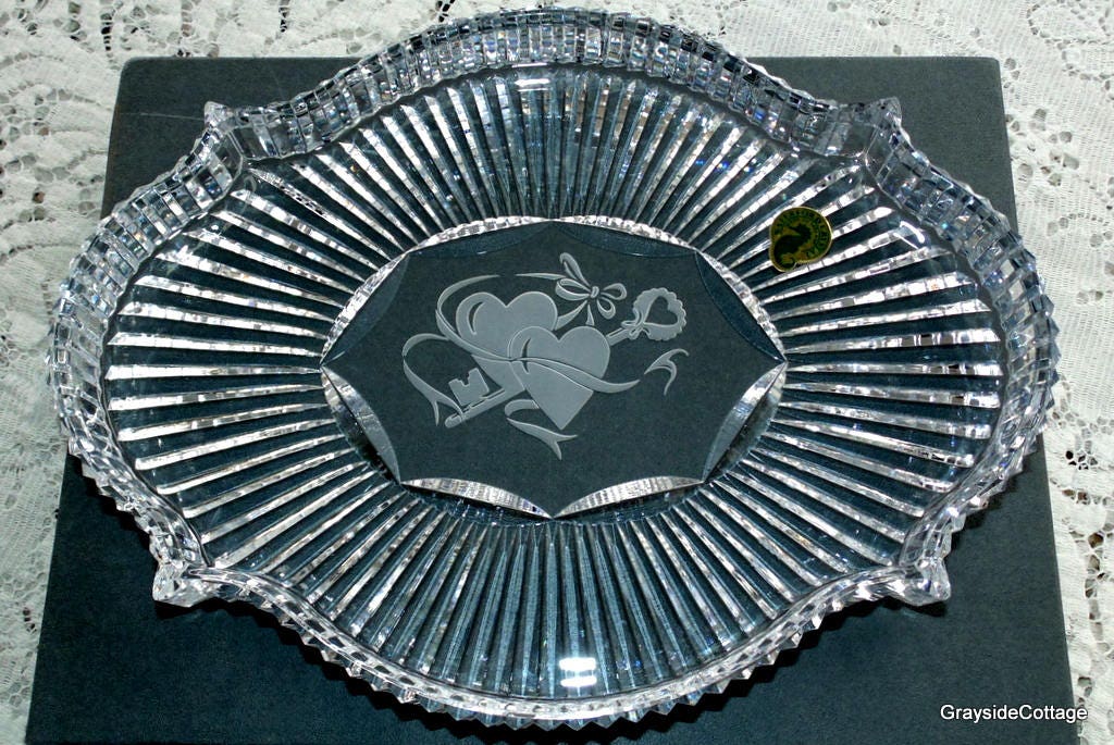 Waterford Crystal Vanity Tray Key to My Heart Eternity Plate, Dish. Hand Cut, Hand Engraved
