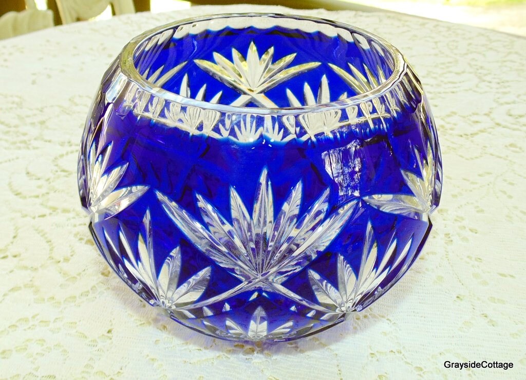 Cobalt Blue Cut to Clear Crystal Round Rose Bowl on an Ornate Brass