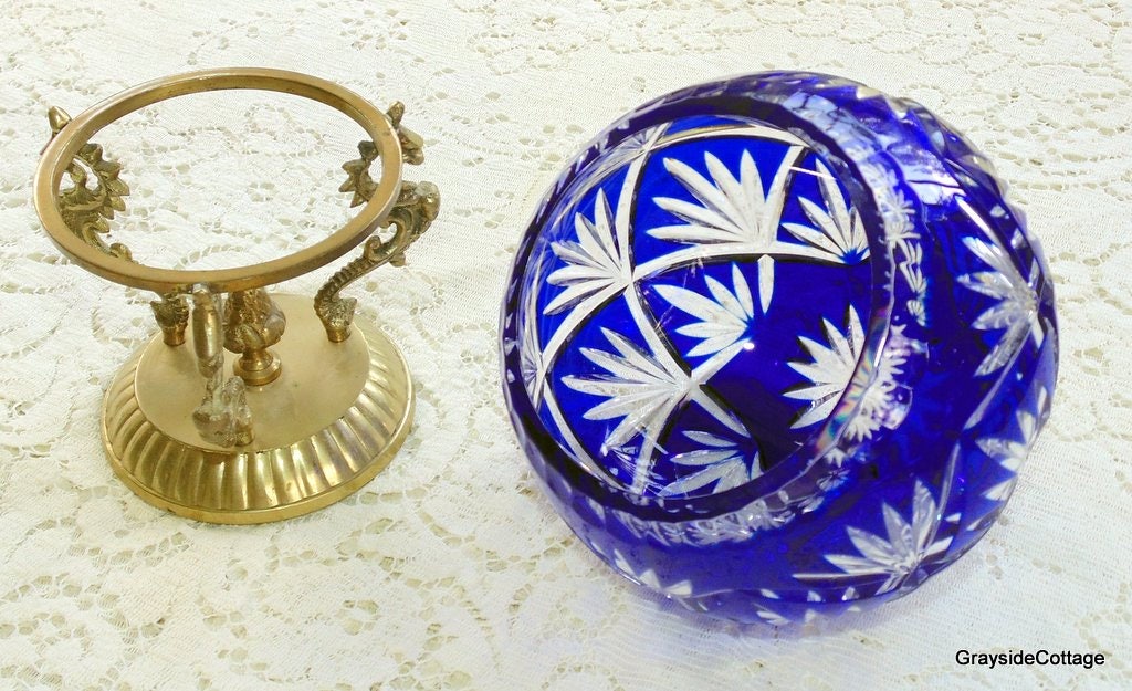 Cobalt Blue Cut to Clear Crystal Round Rose Bowl on an Ornate Brass