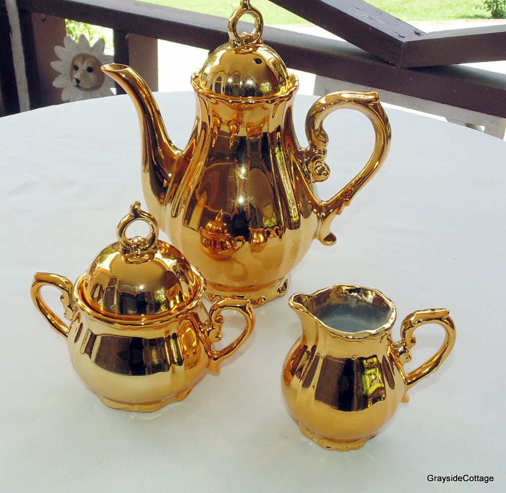 Gold Tea Set Musical Teapot Creamer & Lidded Sugar Bowl, Five (5) Cups