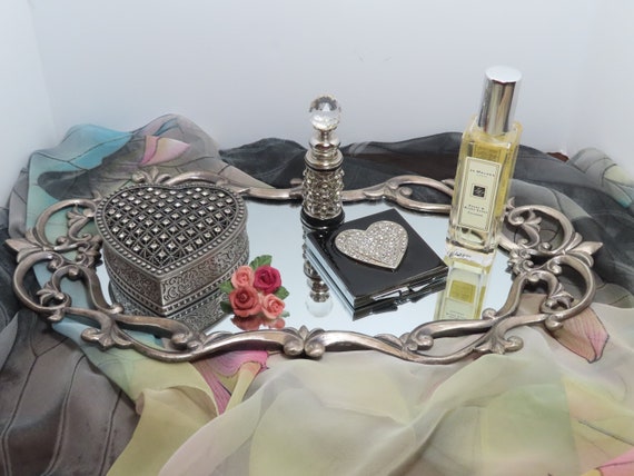 Vanity Set Pewter Mirrored Tray • *Jo Malone Cologne* • Jewelry Box • Vintage Jewelry • Crystal Compact • Perfume Bottle • FREE SHIPPING