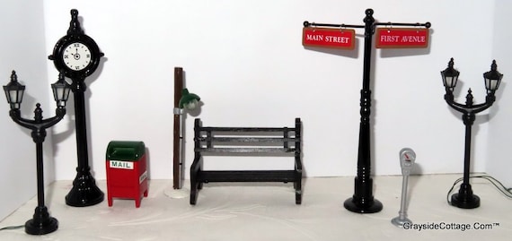 Holiday Toy Village • Street Signs • Bench • Town Clock • Street Lights • Parking Meter • Train Conductor, Brakeman • FREE SHIPPING