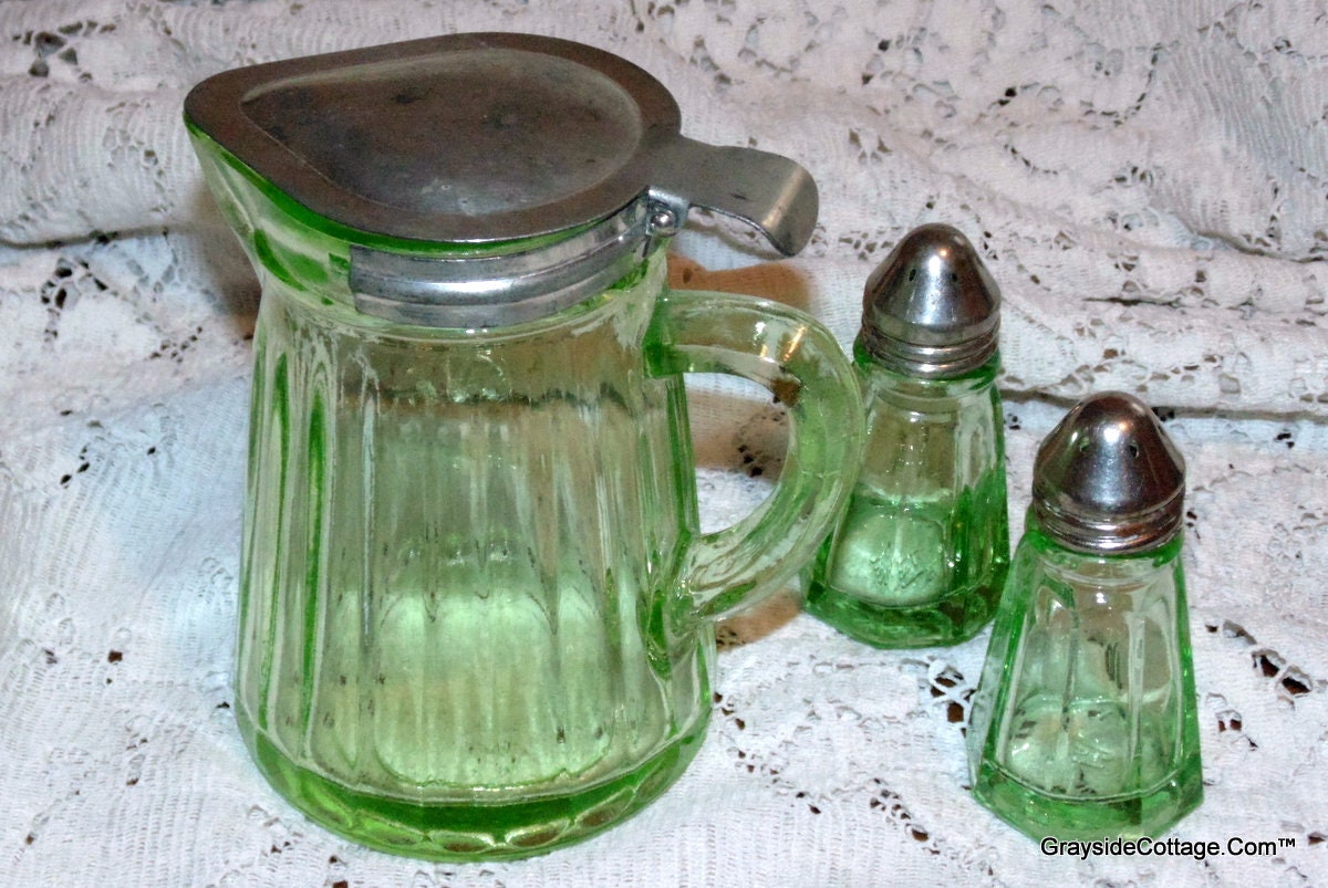 Vaseline Depression Glass • Retro Kitchen • Creamer/Syrup Dispenser