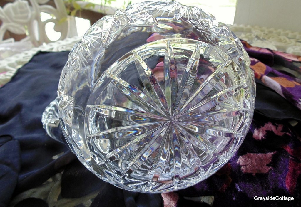Vintage Lead Crystal Pitcher, Notched Handle, Vintage Home Decor