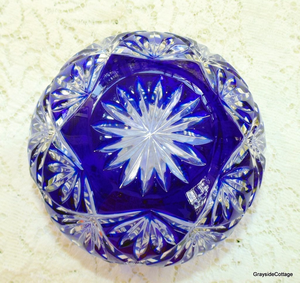 Cobalt Blue Cut to Clear Crystal Round Rose Bowl on an Ornate Brass