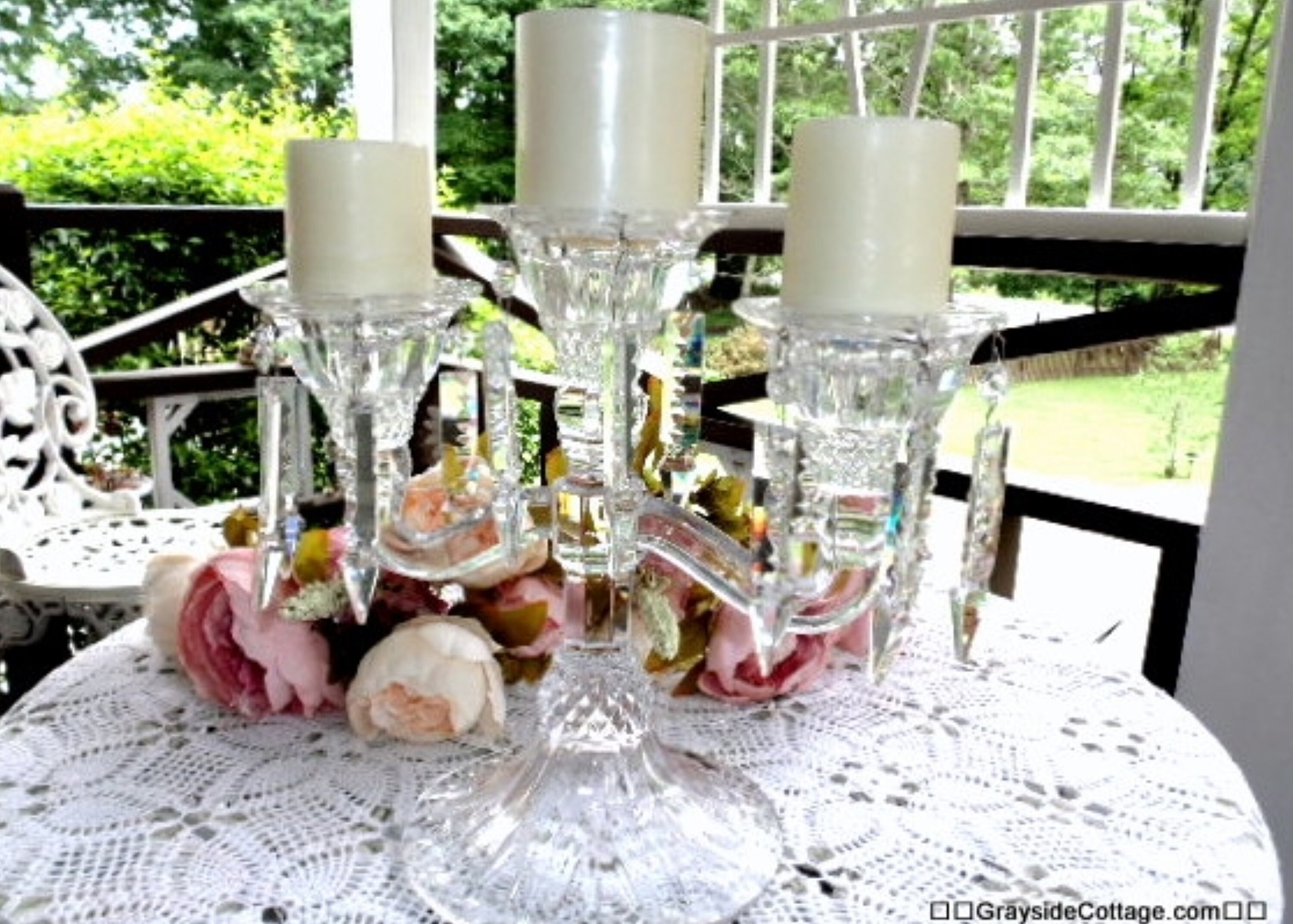 Lead Crystal Candelabra • 3 Light Arms • 3 Bobeches with 14 Dangling