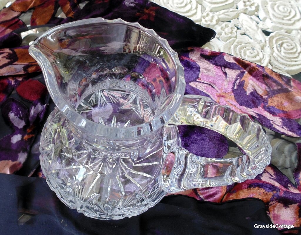 Vintage Lead Crystal Pitcher, Notched Handle, Vintage Home Decor