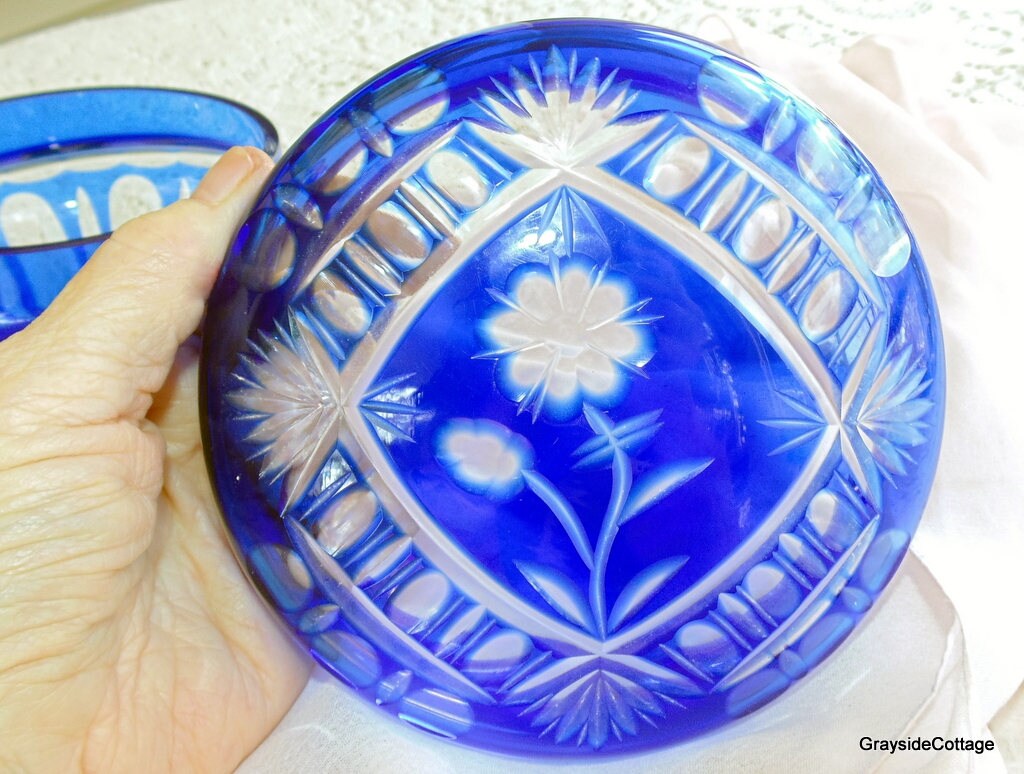 Bavarian Lidded Dresser Box Cobalt Blue Cut To Clear Glass Hand