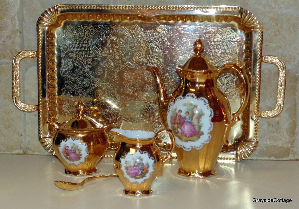 Vintage Gold Plated Porcelain Tea/Coffee Set Embossed Serving Tray w