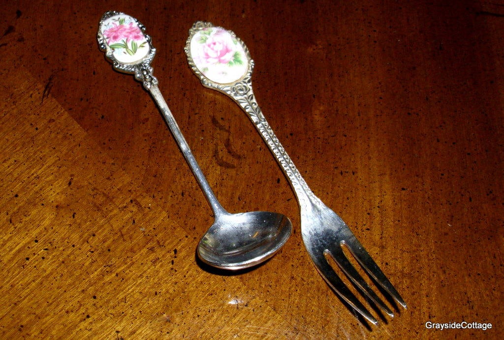 Pastry Dessert Fork Set of 14 with A Sauce Ladle. Silver and Enameled