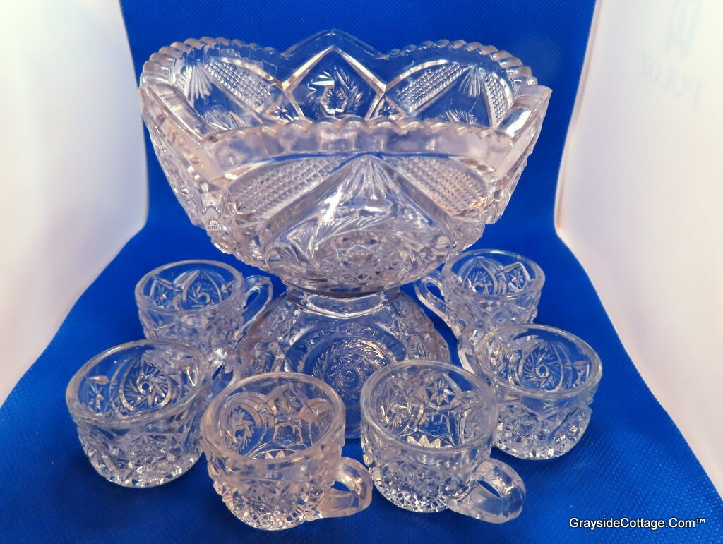 Vintage Punch Bowl Set w/6 Cups • Cut Glass Stunning Clear EAPG • Children's Dishes • FREE SHIPPING!