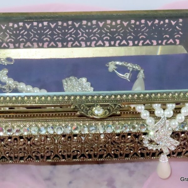 Cherub Footed Gilt Ormolu Filigree Jewelry Box • Beveled Glass Attached Lid • Crystals • Purple Lining • Jewelry Casket • FREE SHIPPING