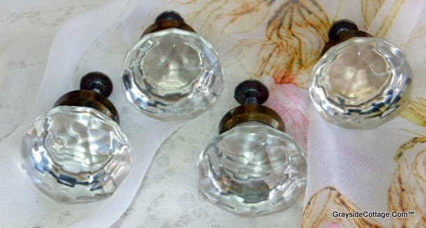 Antique Clear Crystal Dresser Knobs Set Of Four With Bolts