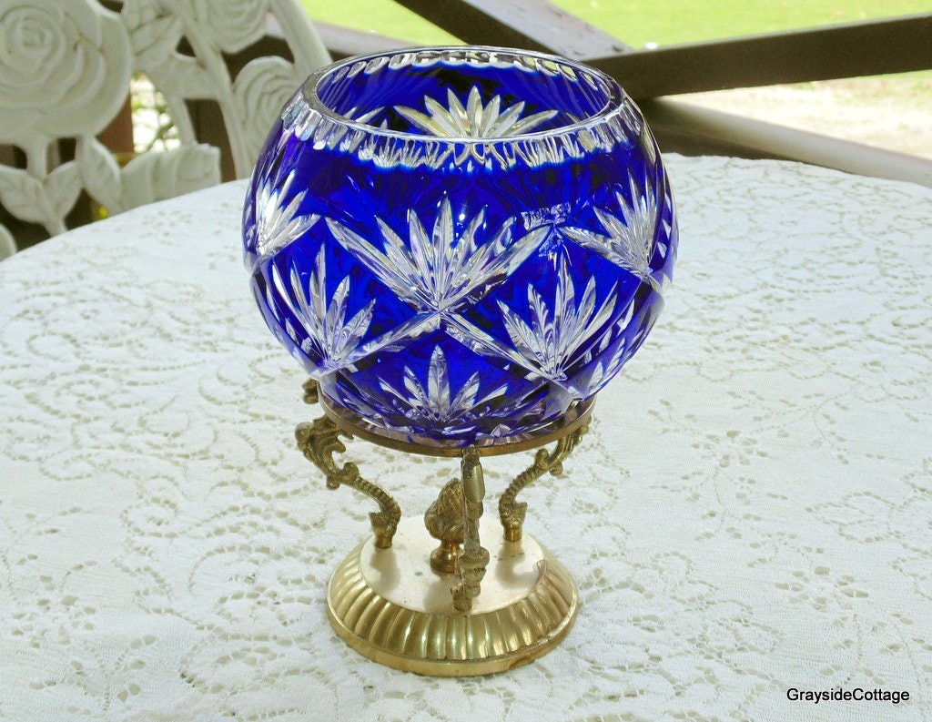 Cobalt Blue Cut to Clear Crystal Round Rose Bowl on an Ornate Brass