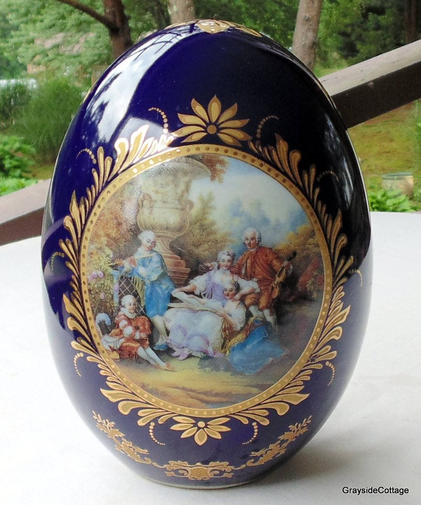 Vintage Limoges Home Decor Cobalt Blue Porcelain Egg w/Stand 8 Double