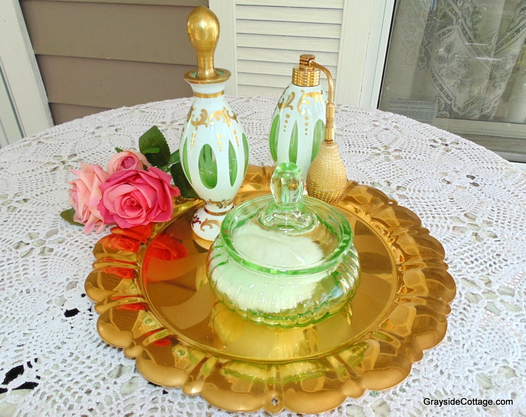 Vintage Vanity Set Dresser Set Cased Glass Czech Perfume Bottles