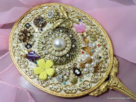 Elegant Jeweled Vanity Mirror • Handcrafted with Vintage Jewelry • Hollywood Glam • FREE SHIPPING