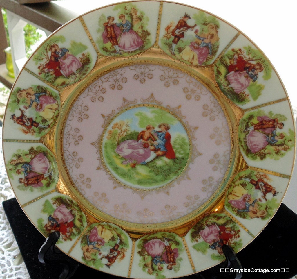 PINK Love Story Fragonard's Courting Couple Plate * 8 Antique Porcelain