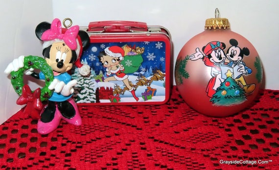 Vintage Christmas Ornaments: Minnie Mouse Figurine • Betty Boop Suitcase • Mickey & Minnie Christmas Ball (1997) • Little Wooden Toys
