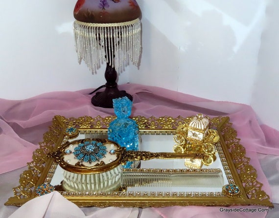 Jeweled Vanity Set • Hand Decorated • Teal Blue Jewelry • Gold Plating • Crystals • Pearls and More • FREE SHIPPING