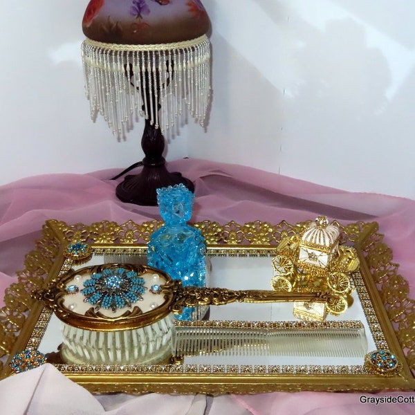 Jeweled Vanity Set • Hand Decorated • Teal Blue Jewelry • Gold Plating • Crystals • Pearls and More • FREE SHIPPING