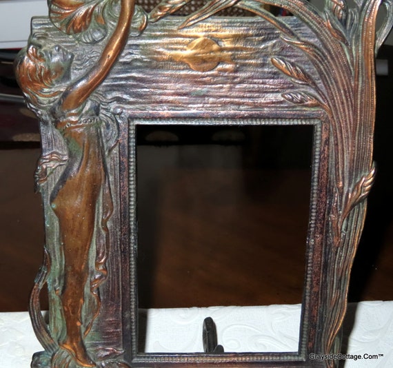 Art Nouveau Copper Picture Frame • Art Deco Nude Figurine • Vanity Mirror • Tabletop Mirror • FREE SHIPPING U.s.a.