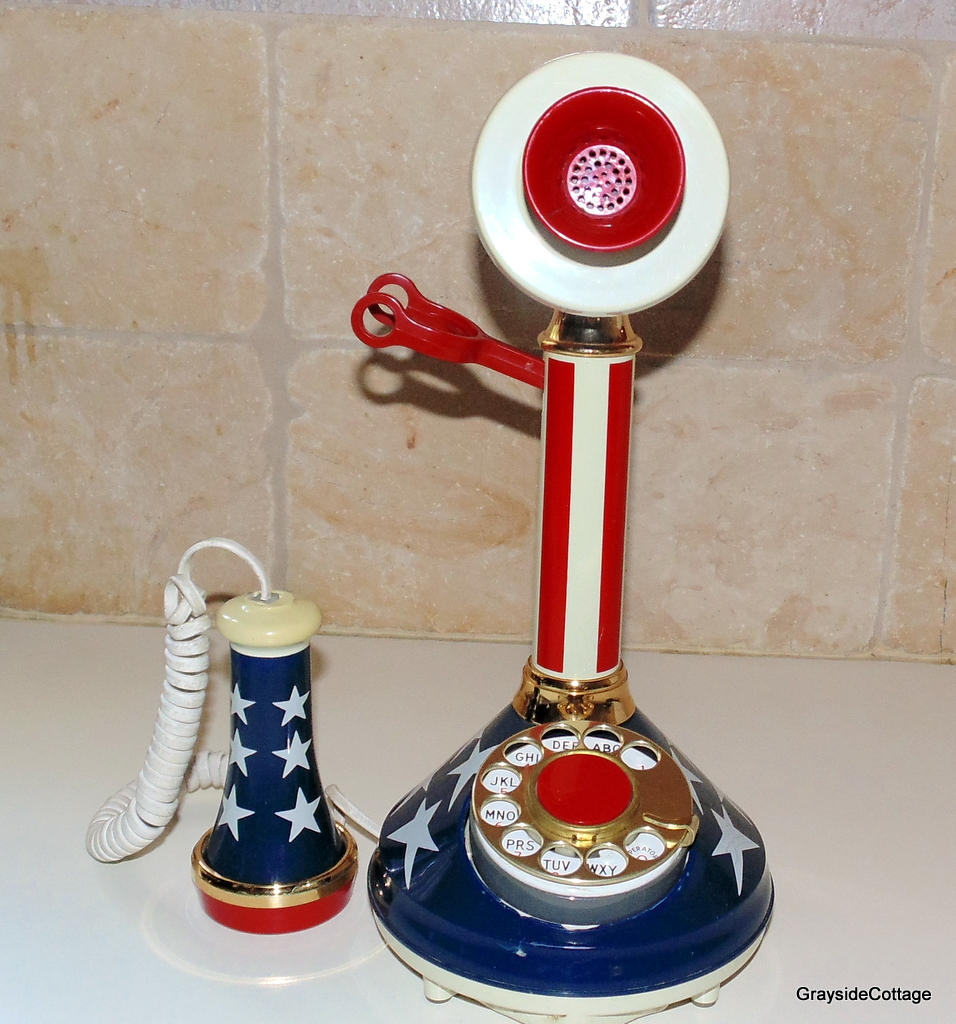 WORKING CANDLESTICK PHONE *Red White Blue* Rotary Dial w/Pulse/Tone