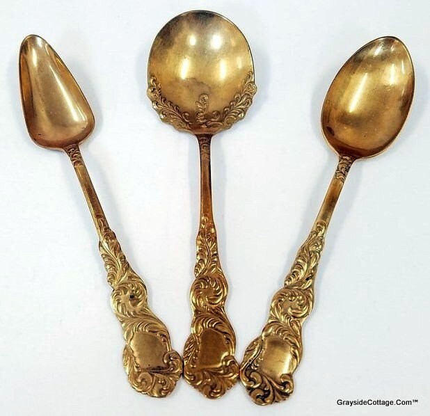 Antique Serving Spoons Waldo HE c 189093, Bronzed Aluminum Spoons, Non