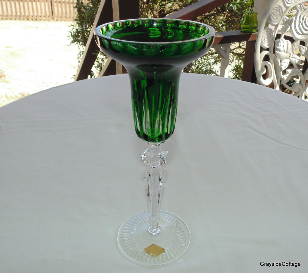 Hand Cut German Crystal, Art Glass, 2 Candlestick Holders, Green Cut to